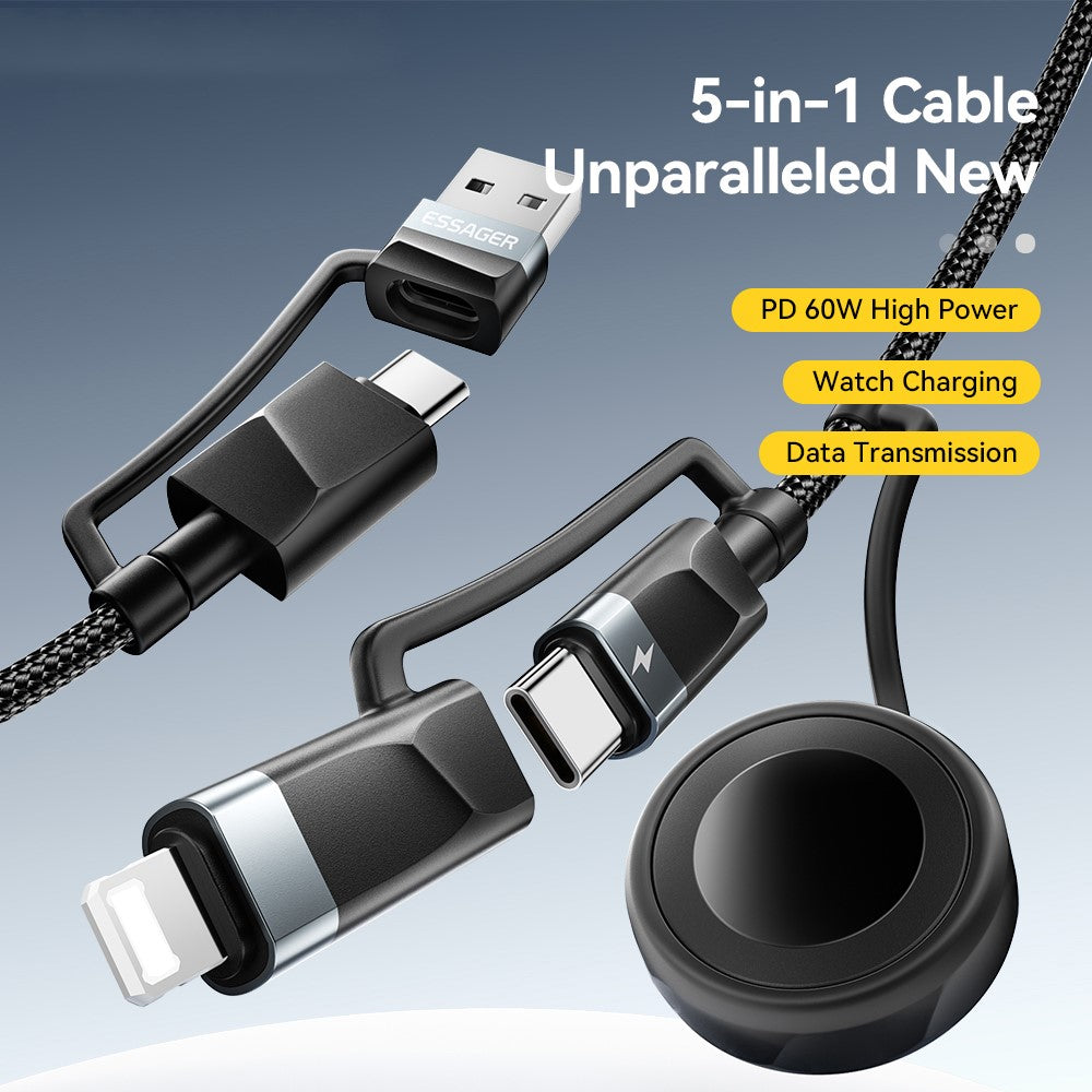 ESSAGER 5 in 1 Charging Cable 2M Fast Charging PD 60W Data Sync 480Mbps Cable for Phone  /  Tablet  /  Watch