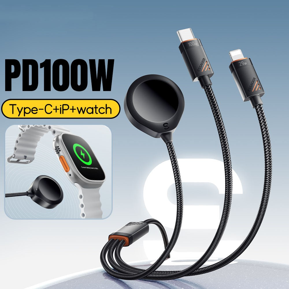 ESSAGER 3 in 1 Charging Cable for Watch  /  Phone  /  Type-C Devices PD 100W Fast Charging Data Cable