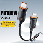 ESSAGER Type-C to iP + Type-C Data Cable E-Marker Chip PD 100W Fast Charging Cable 1.2m