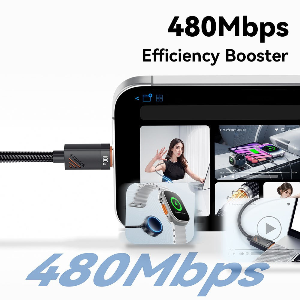 ESSAGER Type-C to iP + Type-C Data Cable E-Marker Chip PD 100W Fast Charging Cable 1.2m