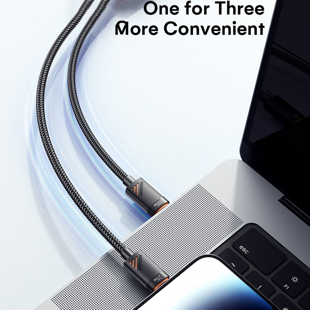 ESSAGER Type-C to iP + Type-C Data Cable E-Marker Chip PD 100W Fast Charging Cable 1.2m