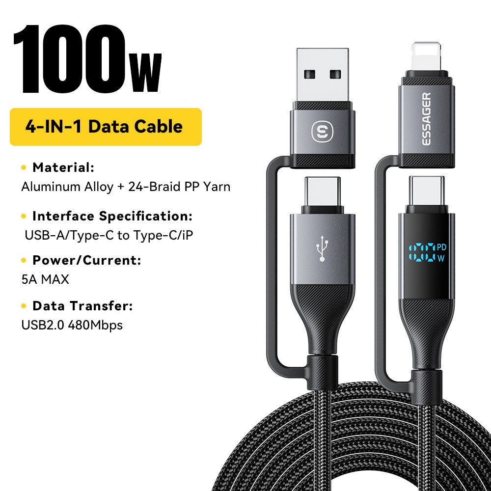 ESSAGER 4-in-1 Data Cable Digital Display PD 100W Fast Charging Cable 0.25m