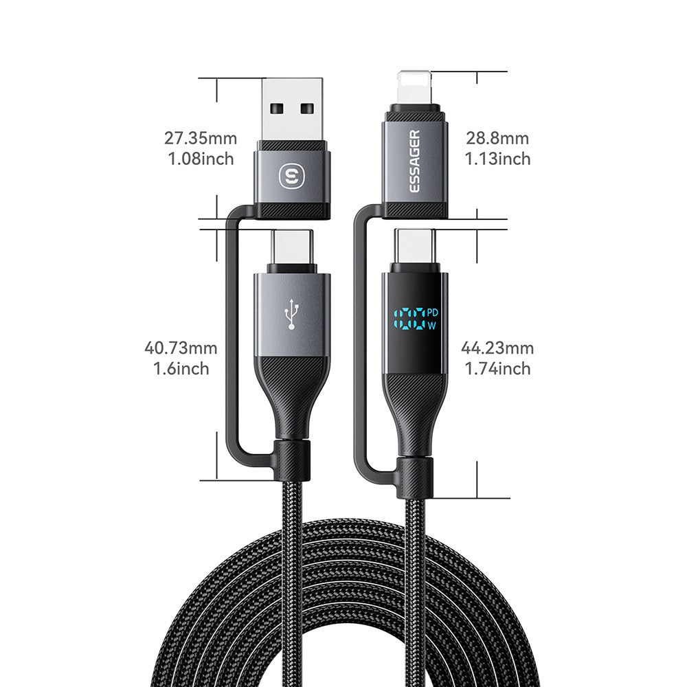 ESSAGER 4-in-1 Data Cable Digital Display PD 100W Fast Charging Cable 0.25m