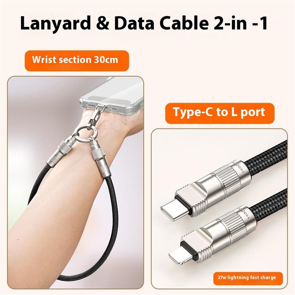 30 cm Håndledsrem til Mobiltelefon, Hurtigopladningskabel med Type-C til L-Port Adapter, Telefon-Lanyard
