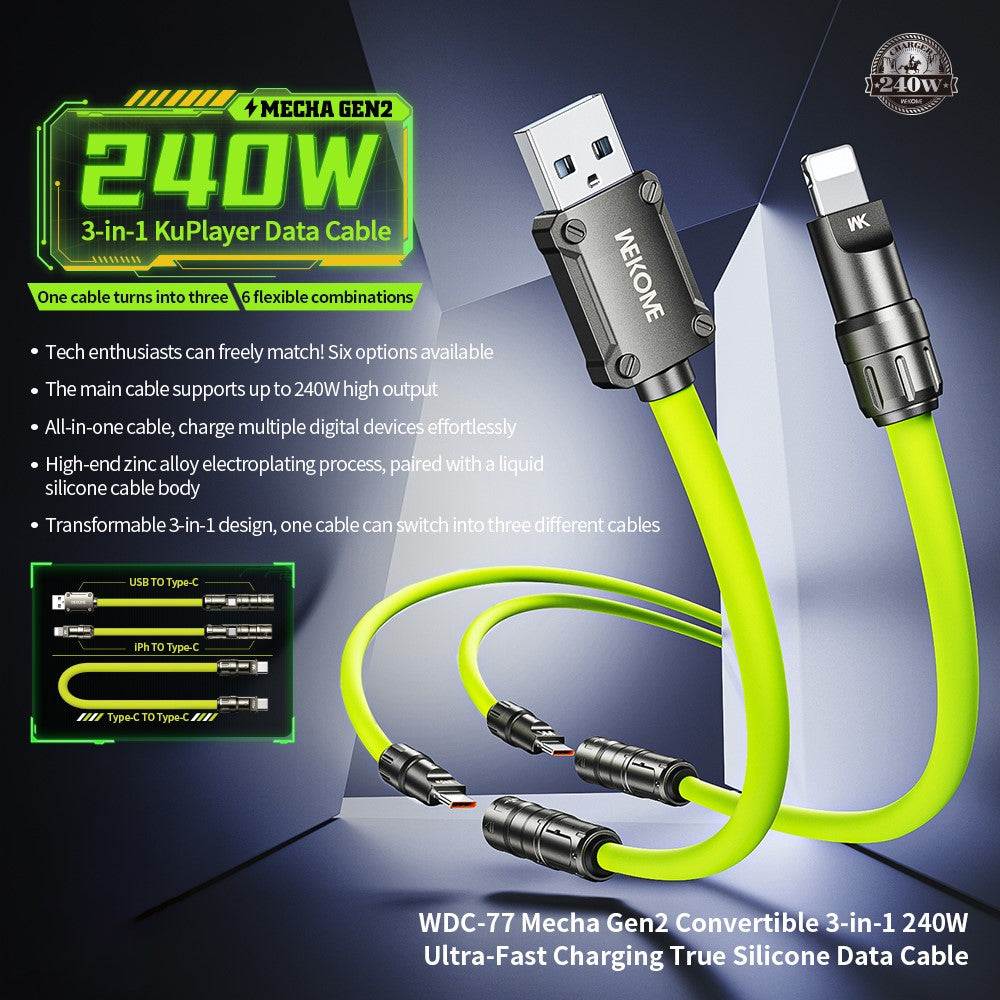 WEKOME WDC-77 3-in-1 Multi Charging Cable 240W Super Fast Charge Silicone Data Cable For USB  /  Type-C  /  iP