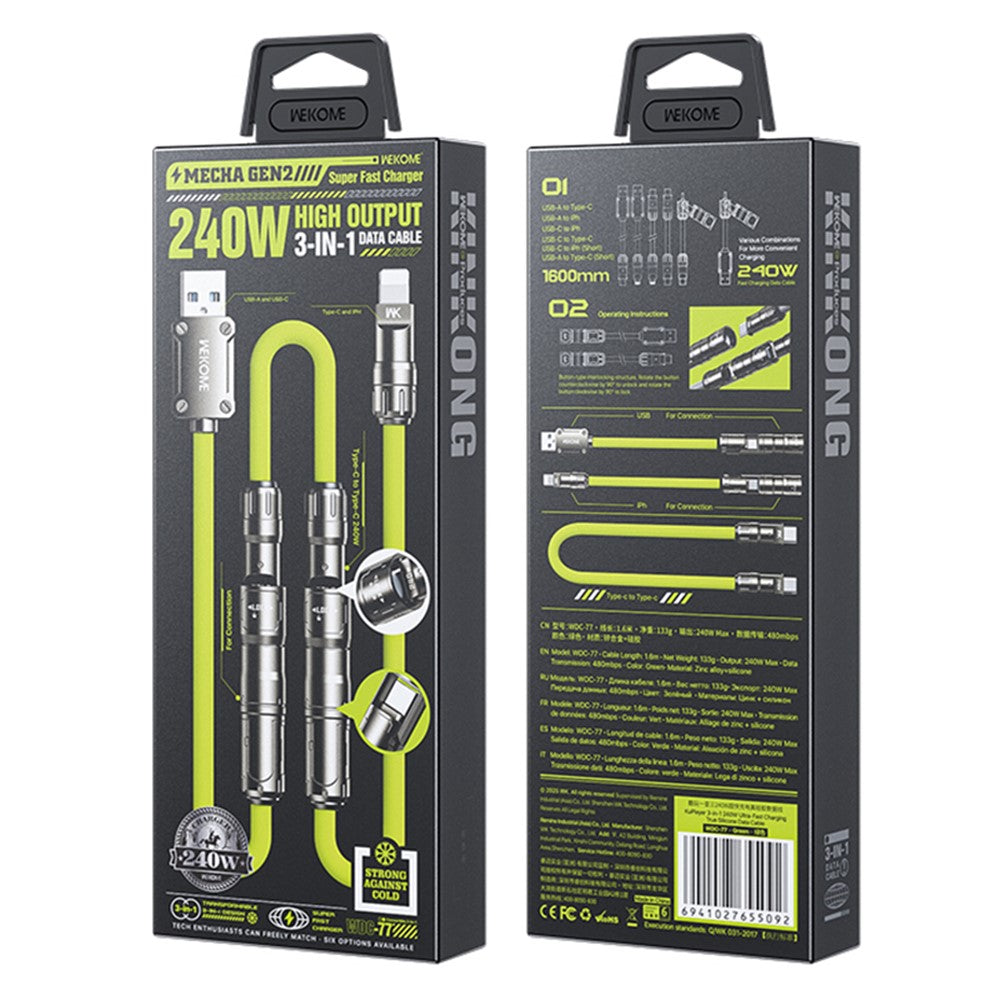 WEKOME WDC-77 3-in-1 Multi Charging Cable 240W Super Fast Charge Silicone Data Cable For USB  /  Type-C  /  iP