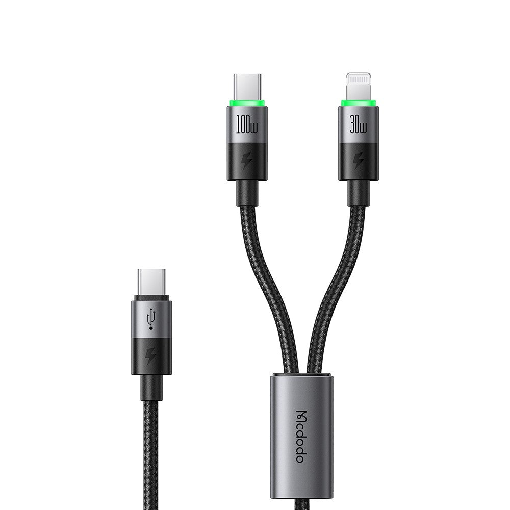 MCDODO CA-6700 2-i-1 Hurtigopladningskabel 100W USB-C til USB-C+iP Flettet Kabel 1,5m til Flere Enheder