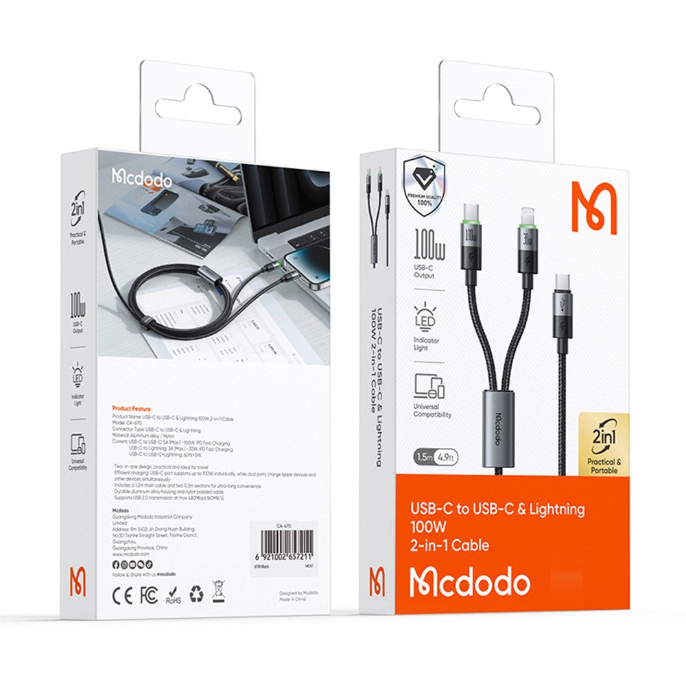 MCDODO CA-6700 2-i-1 Hurtigopladningskabel 100W USB-C til USB-C+iP Flettet Kabel 1,5m til Flere Enheder