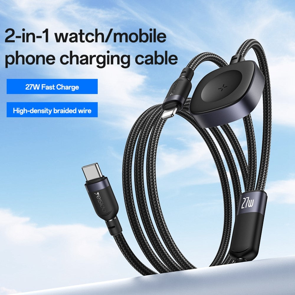 YESIDO CA136L 27W Fast Charging Type C to iP  /  for Apple Watch Wireless Charging Dock 2 in 1 Charging Cable