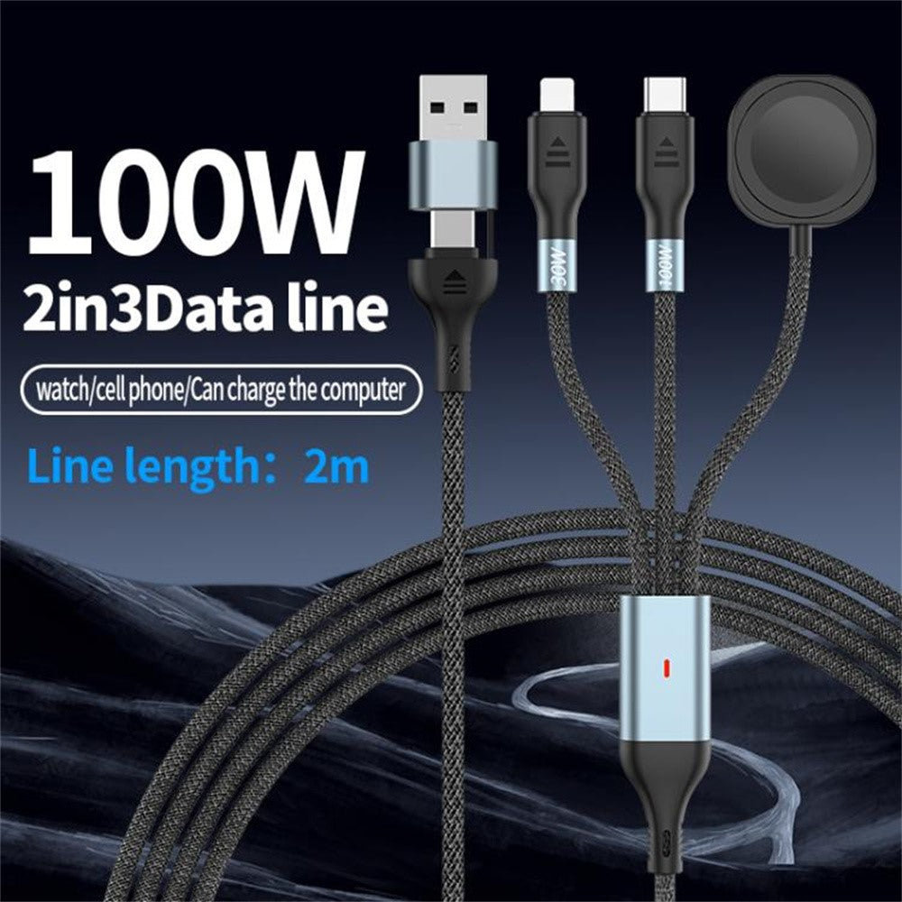 2m 2 in 1 USB A  /  Type-C to USB C /  8 Pin  /  for Apple Watch Charger Dock PD 100W Fast Charging Cable