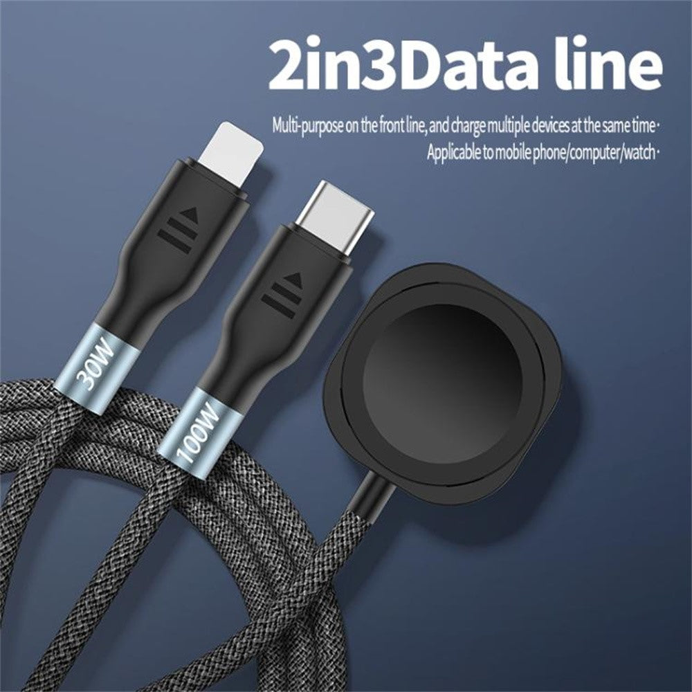 2m 2 in 1 USB A  /  Type-C to USB C /  8 Pin  /  for Apple Watch Charger Dock PD 100W Fast Charging Cable