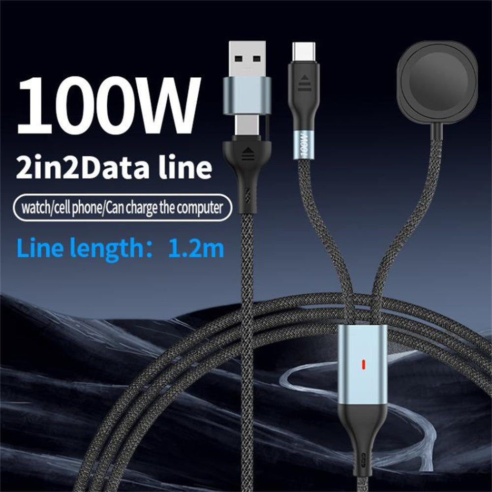 1,2m 2-i-1 USB A / USB C til USB-C / til Apple Watch Trådløs Opladningsdock PD 100W Hurtigopladningskabel