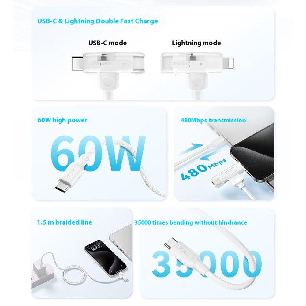 MOMAX 1-Link 1,5m 2-i-1 hurtigopladende flettet kabel Mfi-certificeret USB-C til USB-C / Lightning-kabel