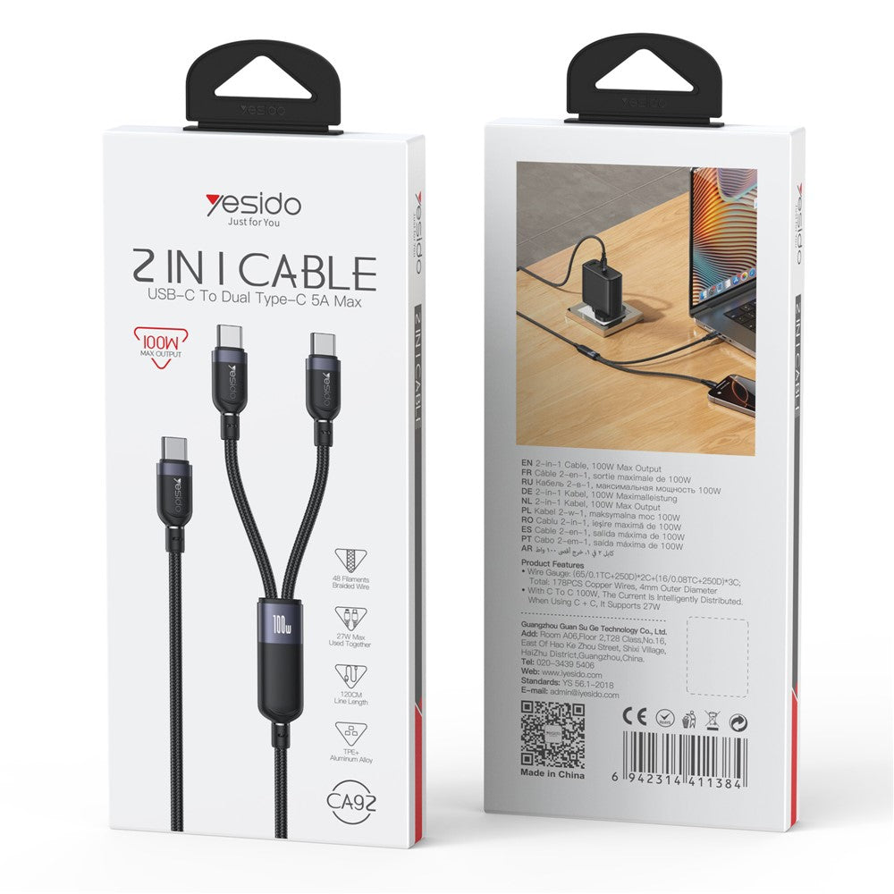 YESIDO CA92 2 in 1 USB C to Dual USB C Splitter Cable PD 100W Fast Charging Braided Wire