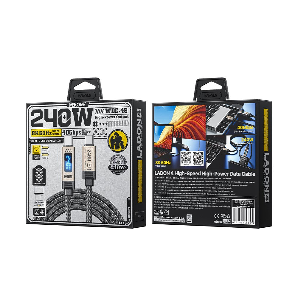 WEKOME WDC-49 Ladon 4 Type-C to Type-C Cable 40Gbps Data Transfer 240W High Power Data Cable