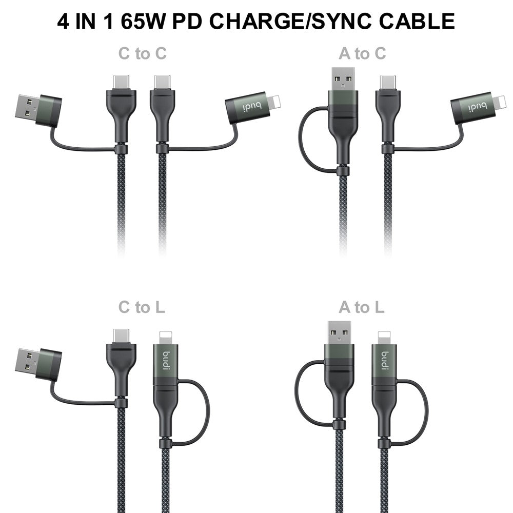 BUDI DC259ATTL12B 4 i 1 1,2 m PD 65W USB / Type-C til iP / Type-C opladerkabel Hurtigt opladningskabel