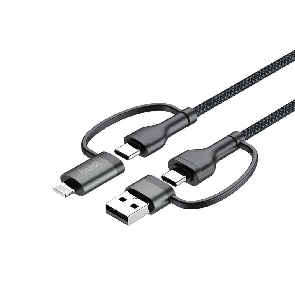 BUDI DC259ATTL12B 4 i 1 1,2 m PD 65W USB / Type-C til iP / Type-C opladerkabel Hurtigt opladningskabel