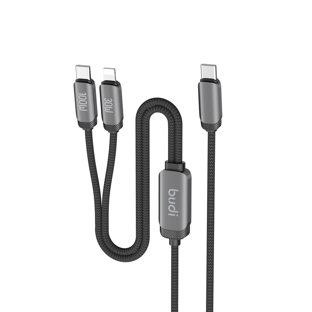 BUDI DC266TTL12B 1,2 m 2-i-1 USB-C til USB-C / iP-kabel 100 W hurtigopladning datasynkronisering flettet ledning