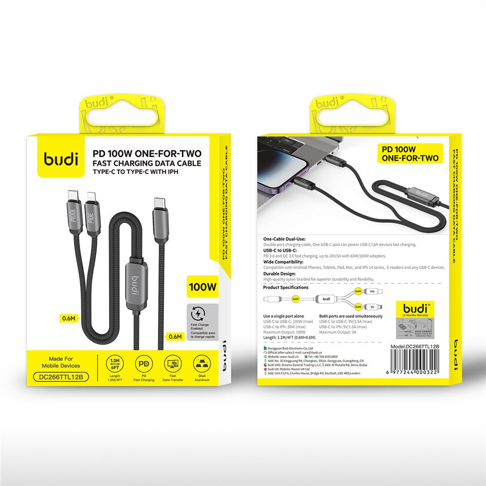 BUDI DC266TTL12B 1,2 m 2-i-1 USB-C til USB-C / iP-kabel 100 W hurtigopladning datasynkronisering flettet ledning