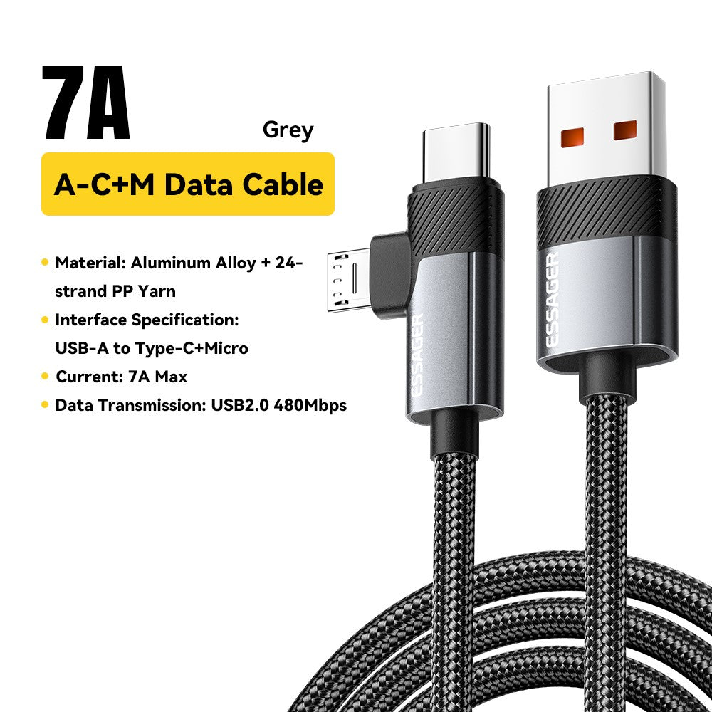 ESSAGER 2m USB-A to USB-C  /  Micro 480Mbps Data Sync Cord 7A 100W Fast Charging Cable