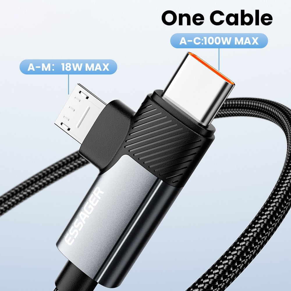 ESSAGER 2m USB-A to USB-C  /  Micro 480Mbps Data Sync Cord 7A 100W Fast Charging Cable