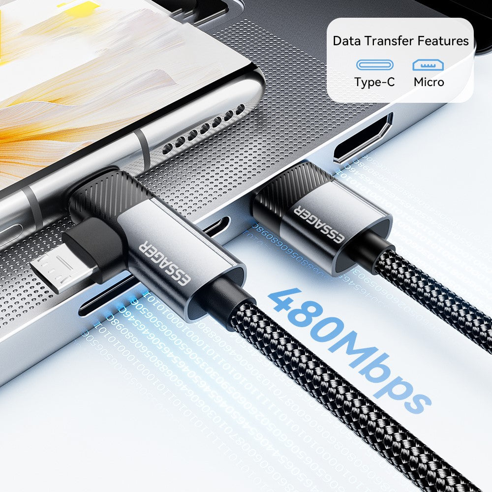 ESSAGER 2m USB-A to USB-C  /  Micro 480Mbps Data Sync Cord 7A 100W Fast Charging Cable