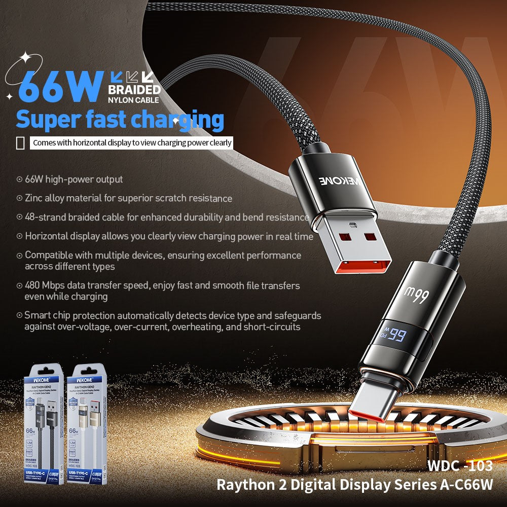WEKOME WDC-103 1.2m 66W USB A to Type-C Cable with Digital Display 480Mbps Data Transfer Cable with Smart Chip Protection