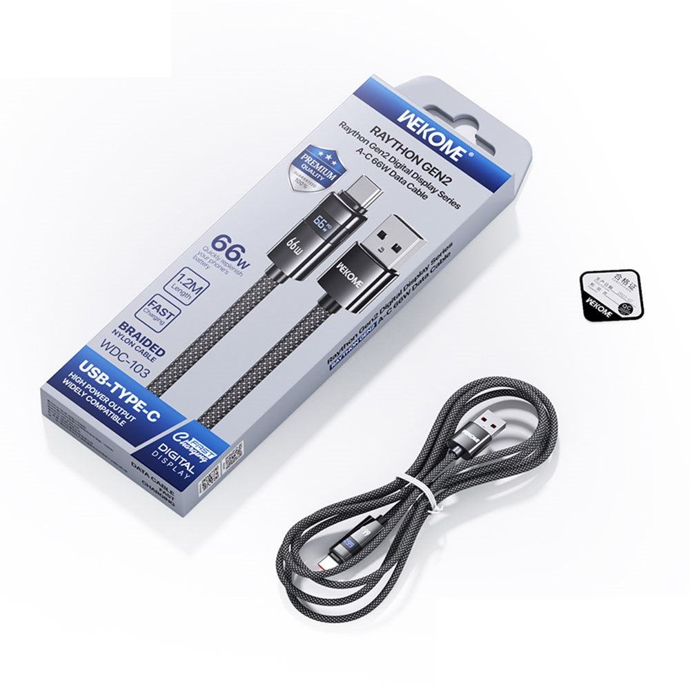 WEKOME WDC-103 1.2m 66W USB A to Type-C Cable with Digital Display 480Mbps Data Transfer Cable with Smart Chip Protection