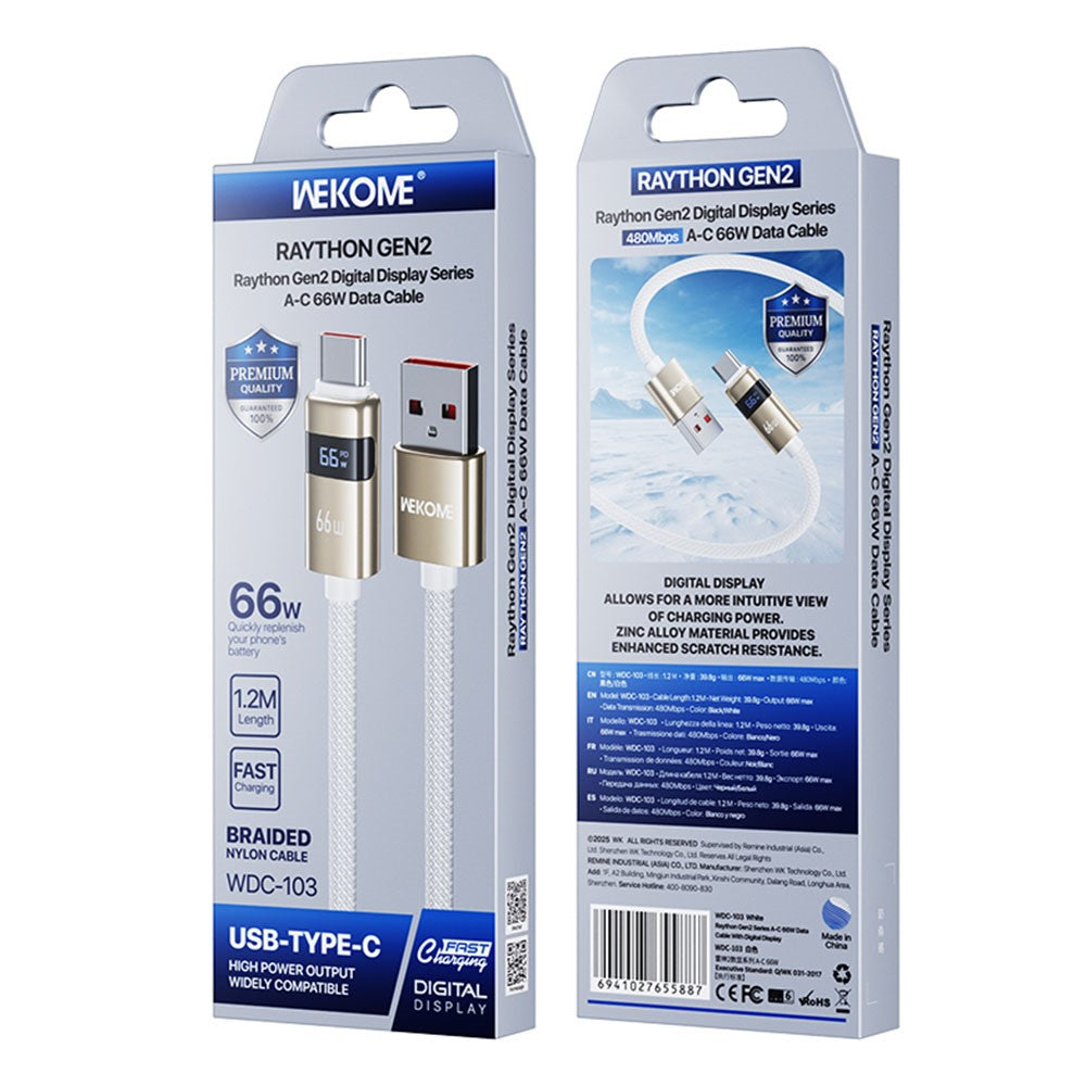 WEKOME WDC-103 1.2m 66W USB A to Type-C Cable with Digital Display 480Mbps Data Transfer Cable with Smart Chip Protection