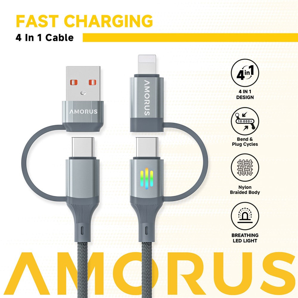AMORUS 1m USB-A / USB-C til iP / USB-C Kabel PD 3.0 60W Hurtigopladningskabel med åndelys