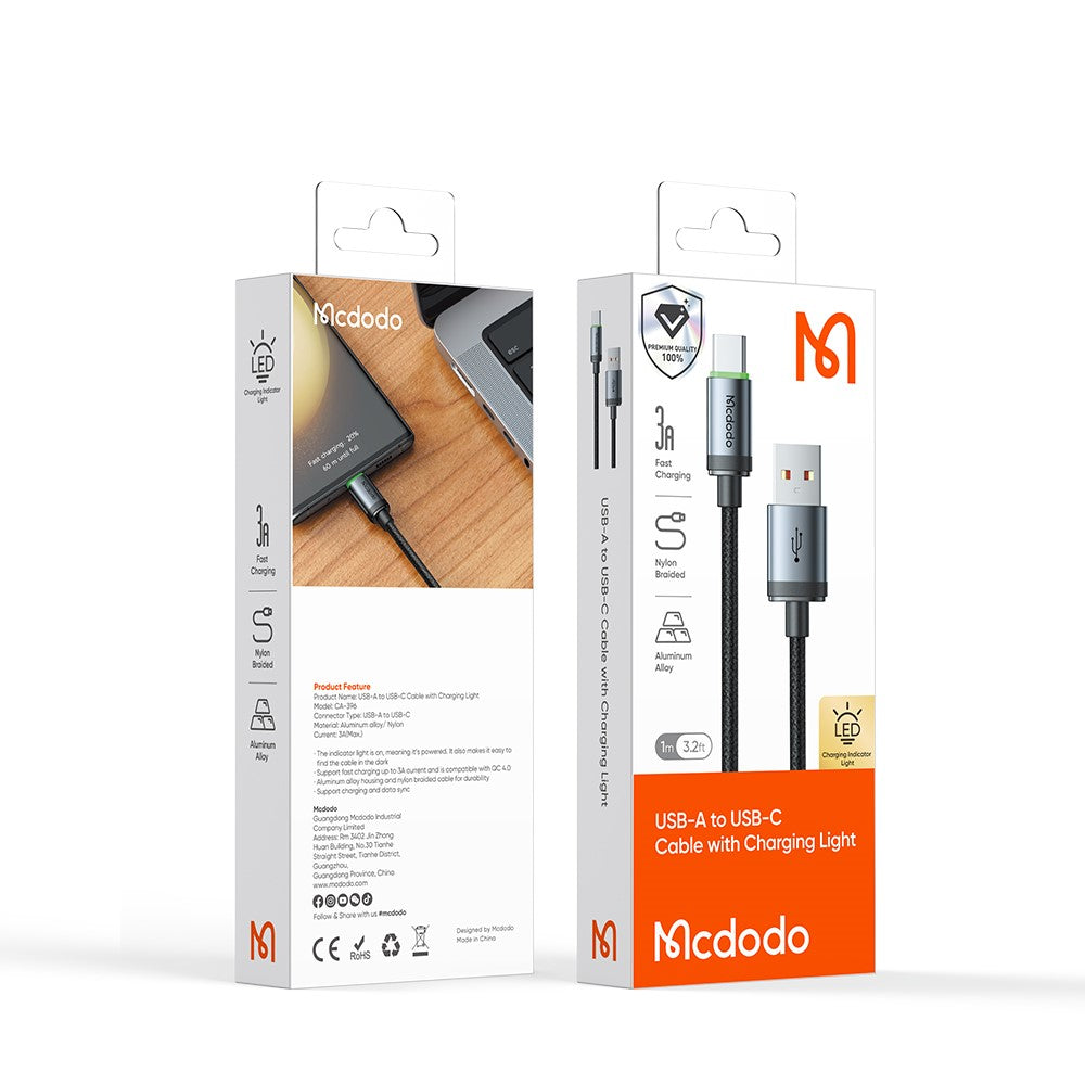 MCDODO CA-3961 3m USB-A to USB-C Cable with Charging Light, 3A Fast Charging Data Transfer Cord