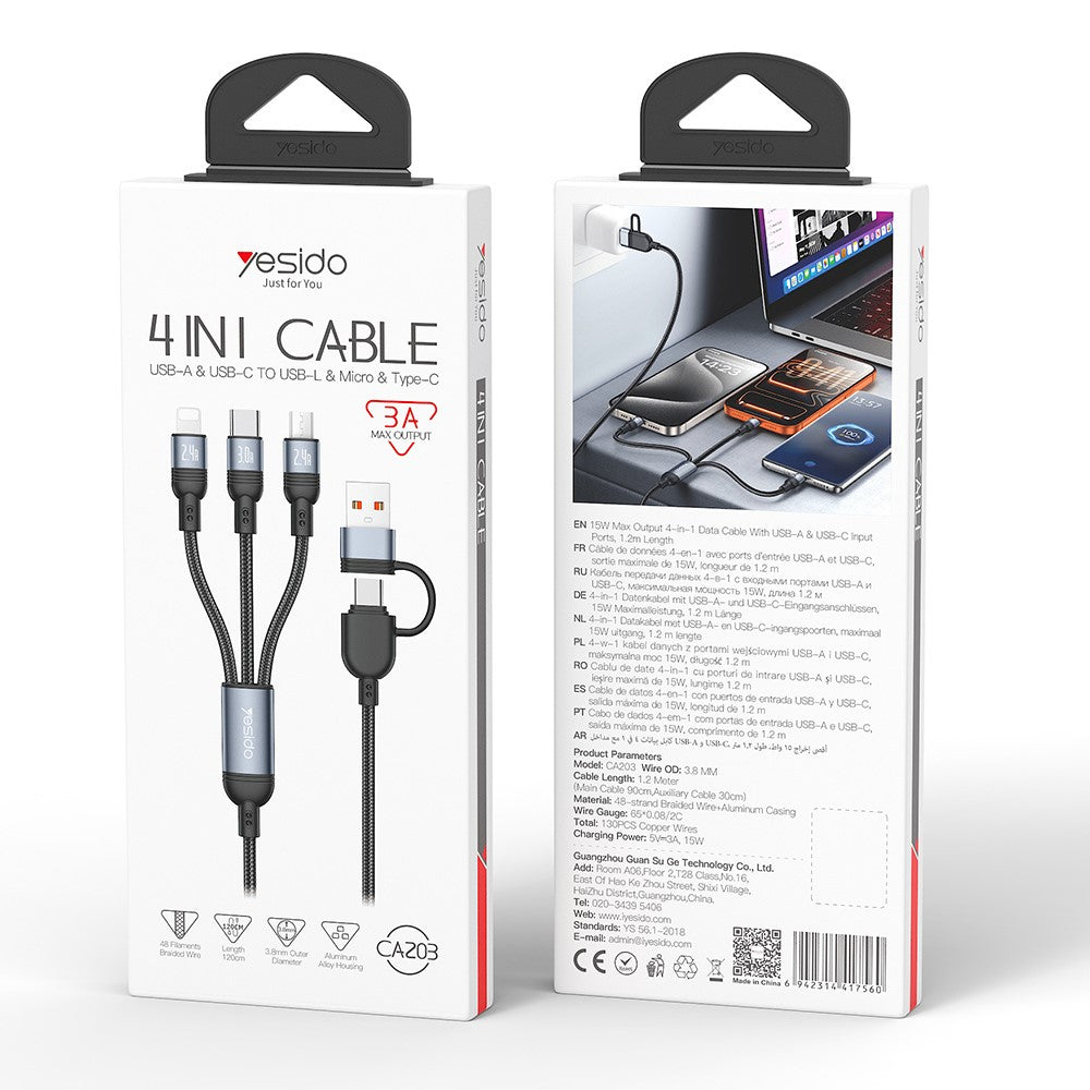 YESIDO CA203 USB-A / USB-C til iP / USB-C / Micro Hurtigopladningskabel Flettet Opladerkabel til iPhone Samsung Huawei Xiaomi