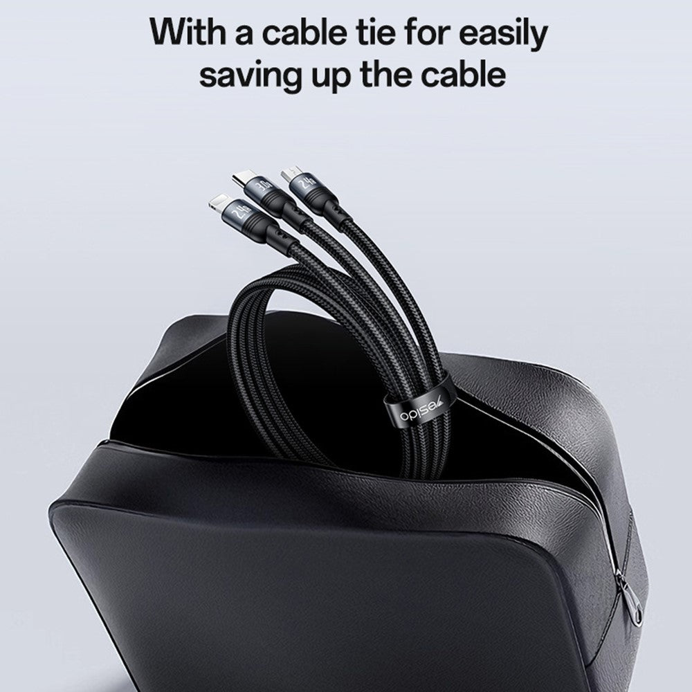 YESIDO CA203 USB-A / USB-C til iP / USB-C / Micro Hurtigopladningskabel Flettet Opladerkabel til iPhone Samsung Huawei Xiaomi