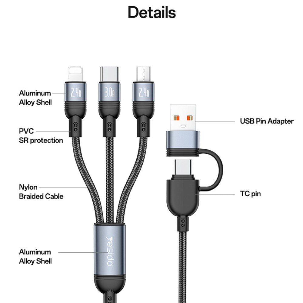 YESIDO CA203 USB-A / USB-C til iP / USB-C / Micro Hurtigopladningskabel Flettet Opladerkabel til iPhone Samsung Huawei Xiaomi