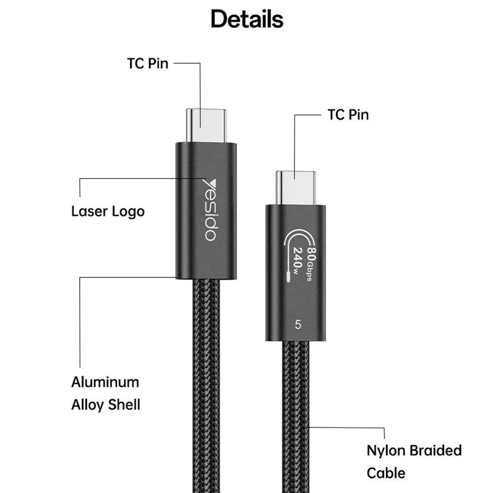 YESIDO CA211 Thunderbolt 5 USB-C to USB-C Cable 80Gbps 240W Fast Charging 16K Video Cable