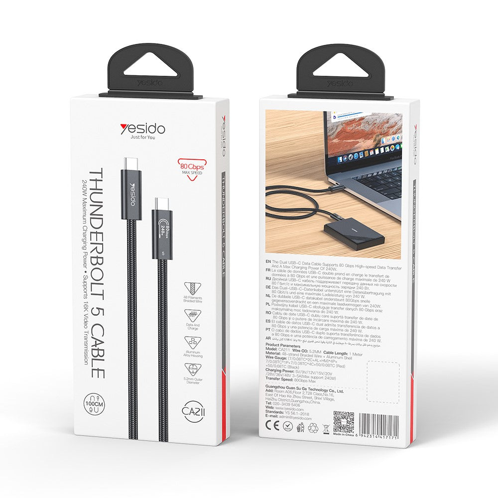 YESIDO CA211 Thunderbolt 5 USB-C to USB-C Cable 80Gbps 240W Fast Charging 16K Video Cable