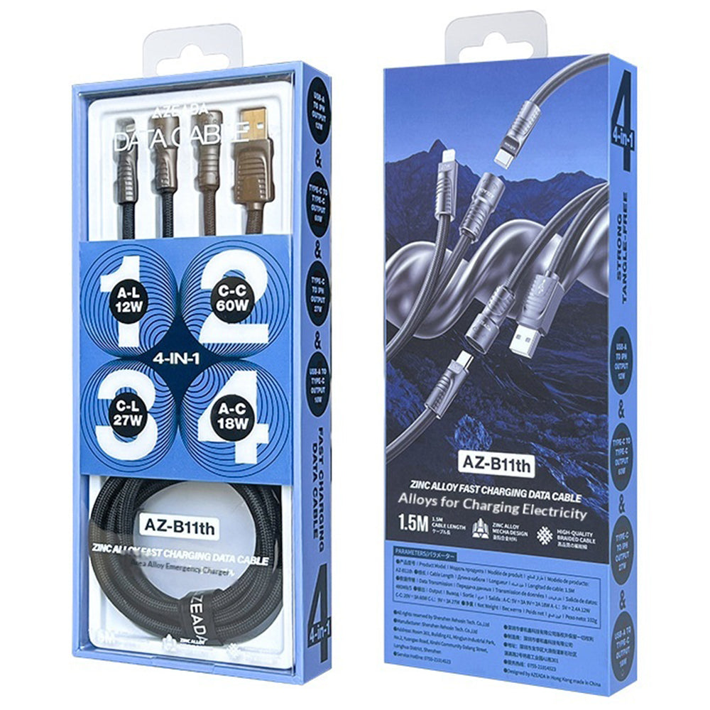 AZEADA AZ-B11th 1,5 m 4-i-1 USB-C / USB-A til USB-C / iP 60 W flettet data-kabel til hurtig opladning