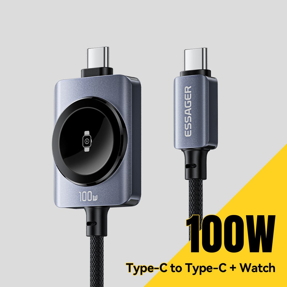 ESSAGER 2 in 1 100W Fast Charging Type-C to Type-C + Magnetic Wireless Charger for Apple Watch with 1m Cable