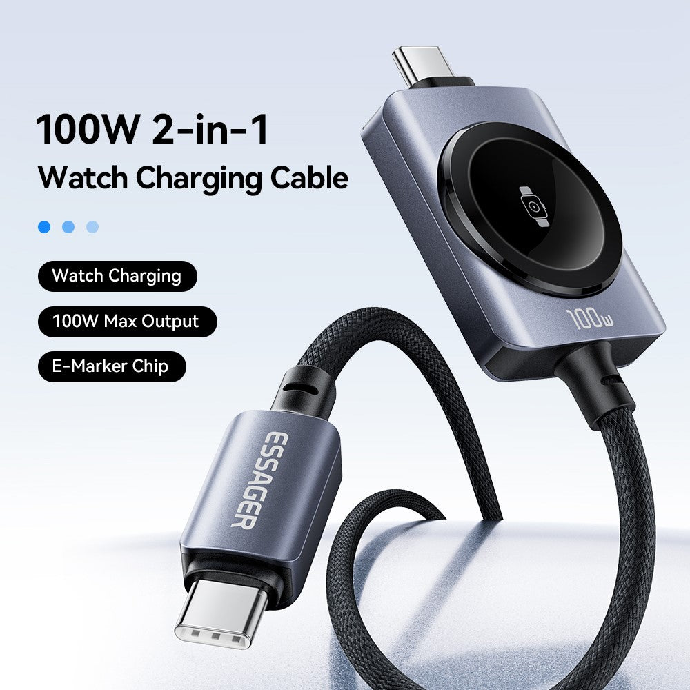 ESSAGER 2 in 1 100W Fast Charging Type-C to Type-C + Magnetic Wireless Charger for Apple Watch with 1m Cable