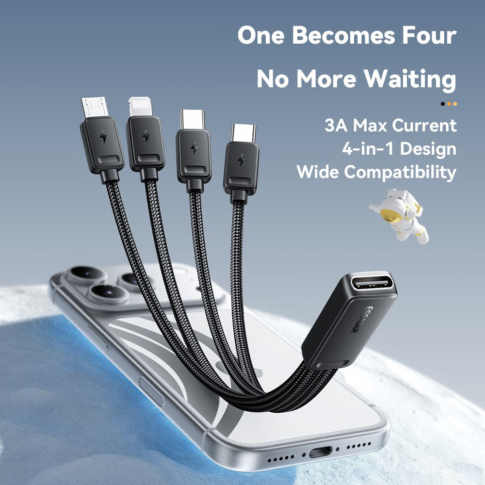 ESSAGER 4 in 1 Cable Type-C to 2 Type-C Micro iP (5-14) 3A Fast Charging Cable 16cm