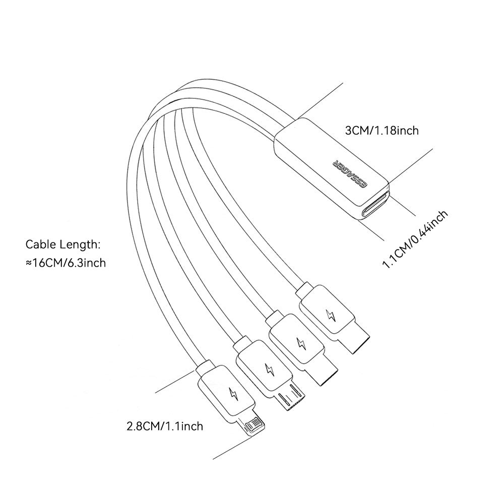 ESSAGER 4 in 1 Cable Type-C to 2 Type-C Micro iP (5-14) 3A Fast Charging Cable 16cm