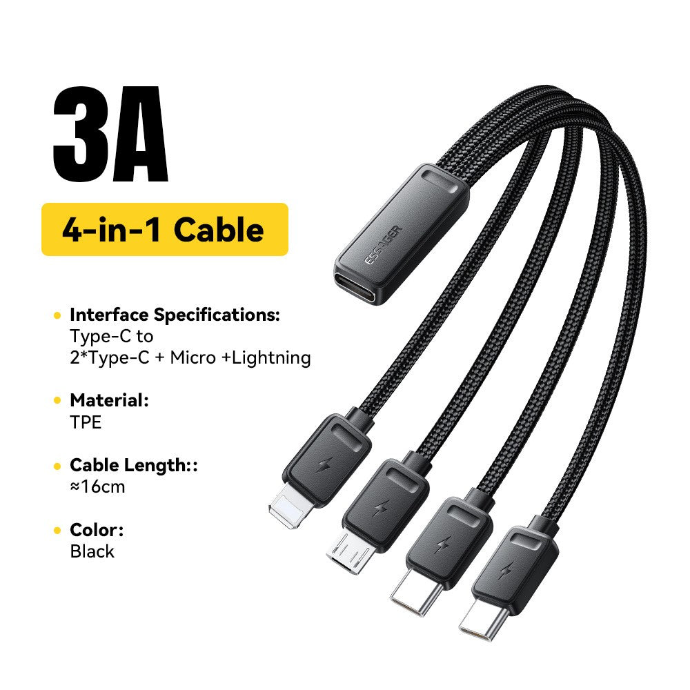 ESSAGER 4 in 1 Cable Type-C to 2 Type-C Micro iP (5-14) 3A Fast Charging Cable 16cm