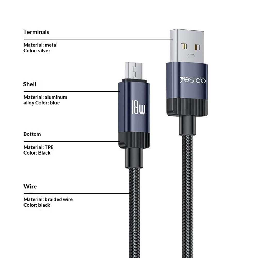 YESIDO CA204M 1m USB A til Micro USB Kabel 18W Hurtigopladende Flettet Datakabel til Samsung / Xiaomi / Motorola