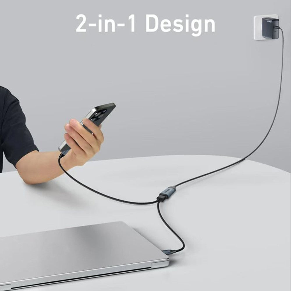 QGEEM CC0082 1.2m USB-C to Dual USB-C Cable 140W PD PPS 2-in-1 Fast Charging Braided Data Wire for Laptop Phone