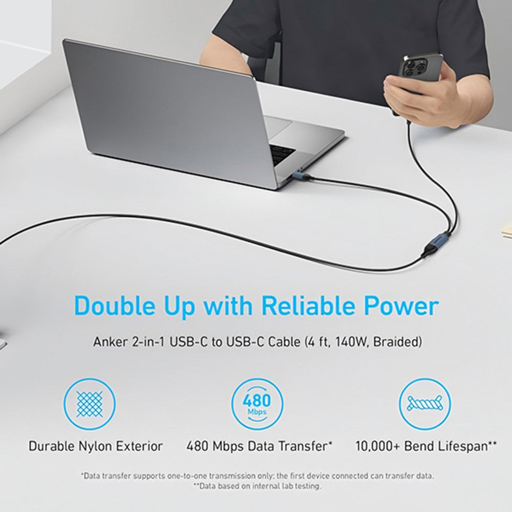 QGEEM CC0082 1.2m USB-C to Dual USB-C Cable 140W PD PPS 2-in-1 Fast Charging Braided Data Wire for Laptop Phone