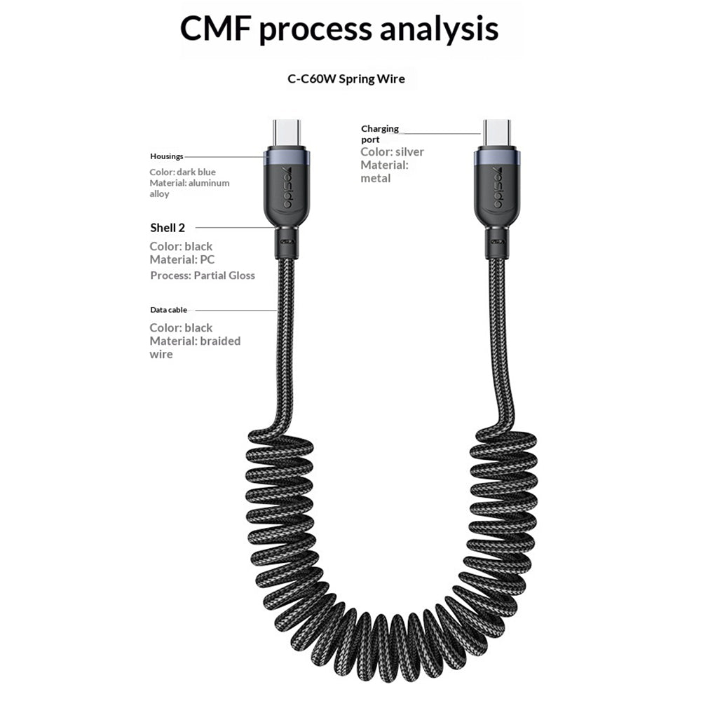 YESIDO CA205 PD 60W Fast Charging Spring Cable Type-C to Type-C Data Cable for CarPlay/HiCar/CarLife