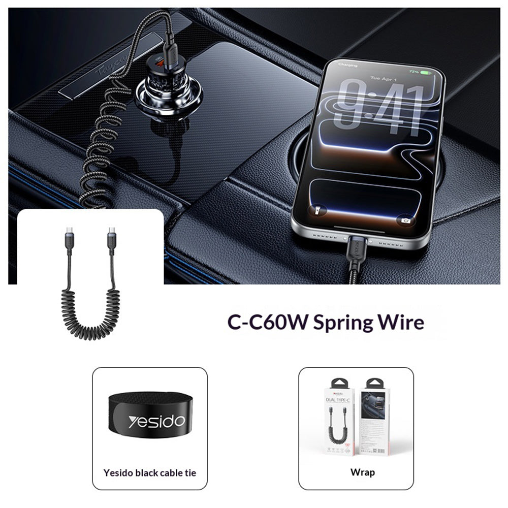 YESIDO CA205 PD 60W Fast Charging Spring Cable Type-C to Type-C Data Cable for CarPlay/HiCar/CarLife