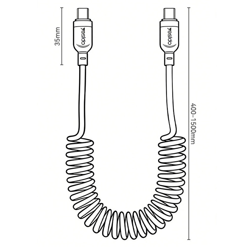 YESIDO CA205 PD 60W Fast Charging Spring Cable Type-C to Type-C Data Cable for CarPlay/HiCar/CarLife