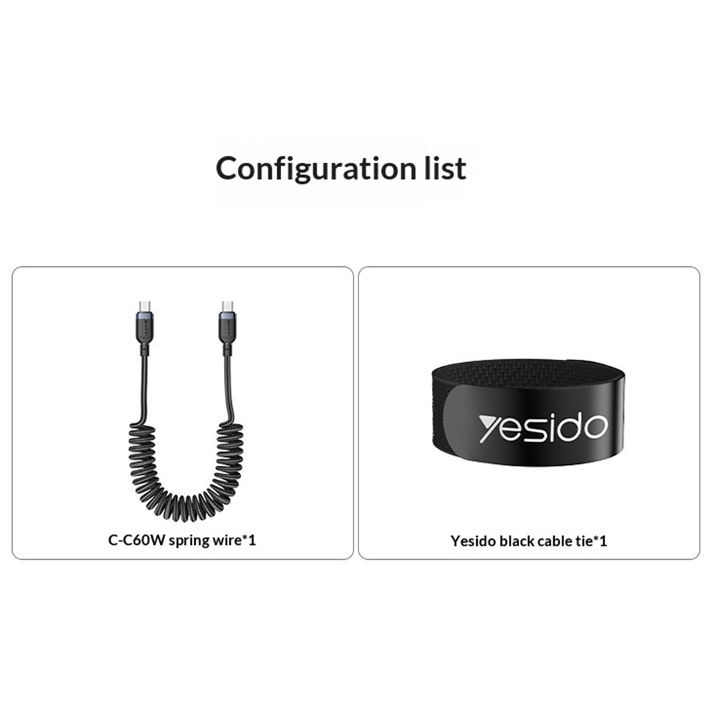 YESIDO CA205 PD 60W Fast Charging Spring Cable Type-C to Type-C Data Cable for CarPlay/HiCar/CarLife