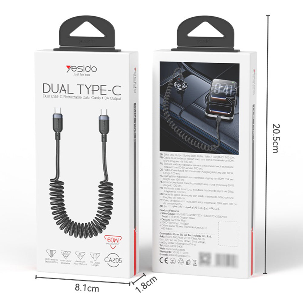 YESIDO CA205 PD 60W Fast Charging Spring Cable Type-C to Type-C Data Cable for CarPlay/HiCar/CarLife